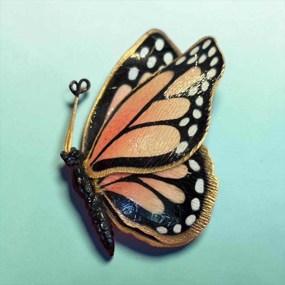 Vintage WEISS Butterfly Brooch Peach Black Enamel 3D Figural Pin
